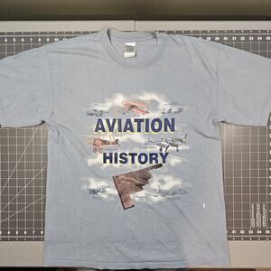 Vintage Aviation History Tshirt Medium Blue Gray Y2K Aircraft Plane Emery Riddle
